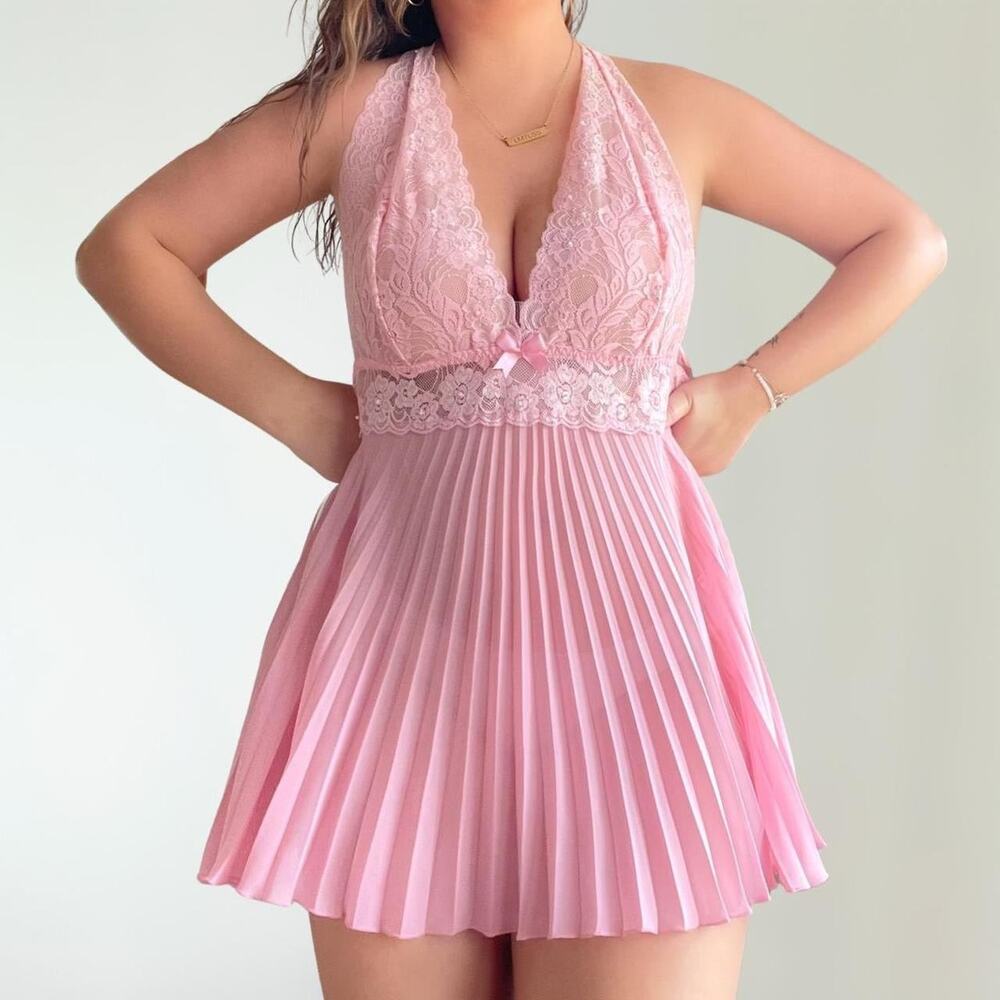Cinema Etoile Seductivewear Pink Lace Pleated Babydoll Lingerie Large Y2K